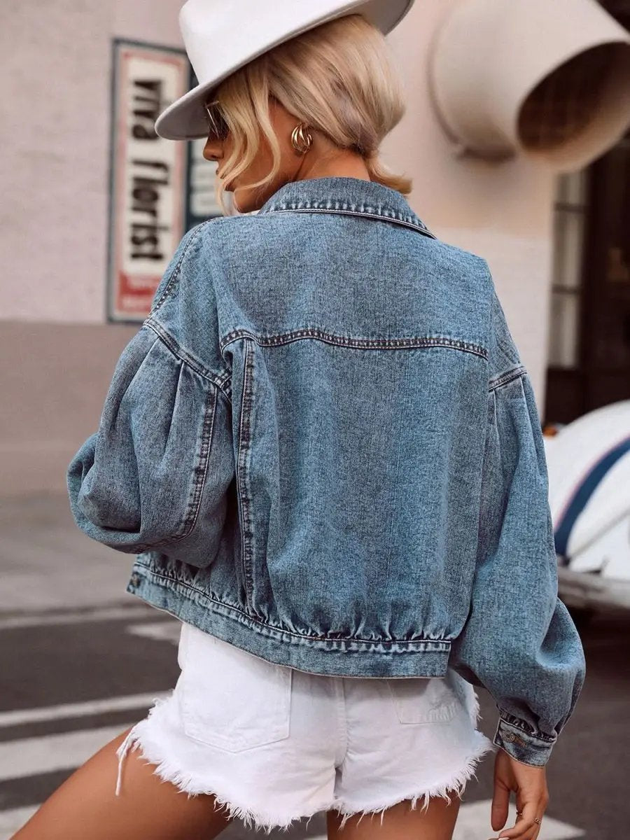 Collared Neck Dropped Shoulder Denim Top - Love Salve